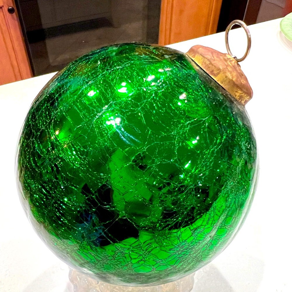 19th Century Kugel 16” Around Green Sparkly Crackle Round Christmas Ornament